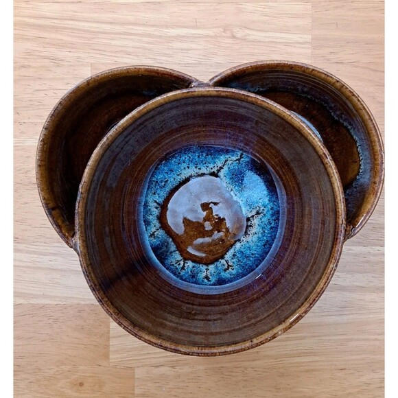Studio Art Pottery Bowl Glazed Signed HNRS Unique Shape Brown & Blue - Picture 1 of 10